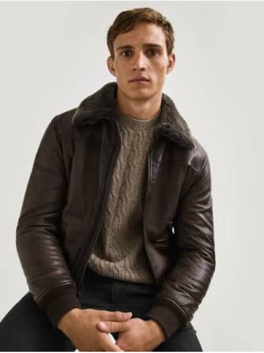 Massimo Dutti Dark Brown Leather Bomber Jacket with Fur Collar